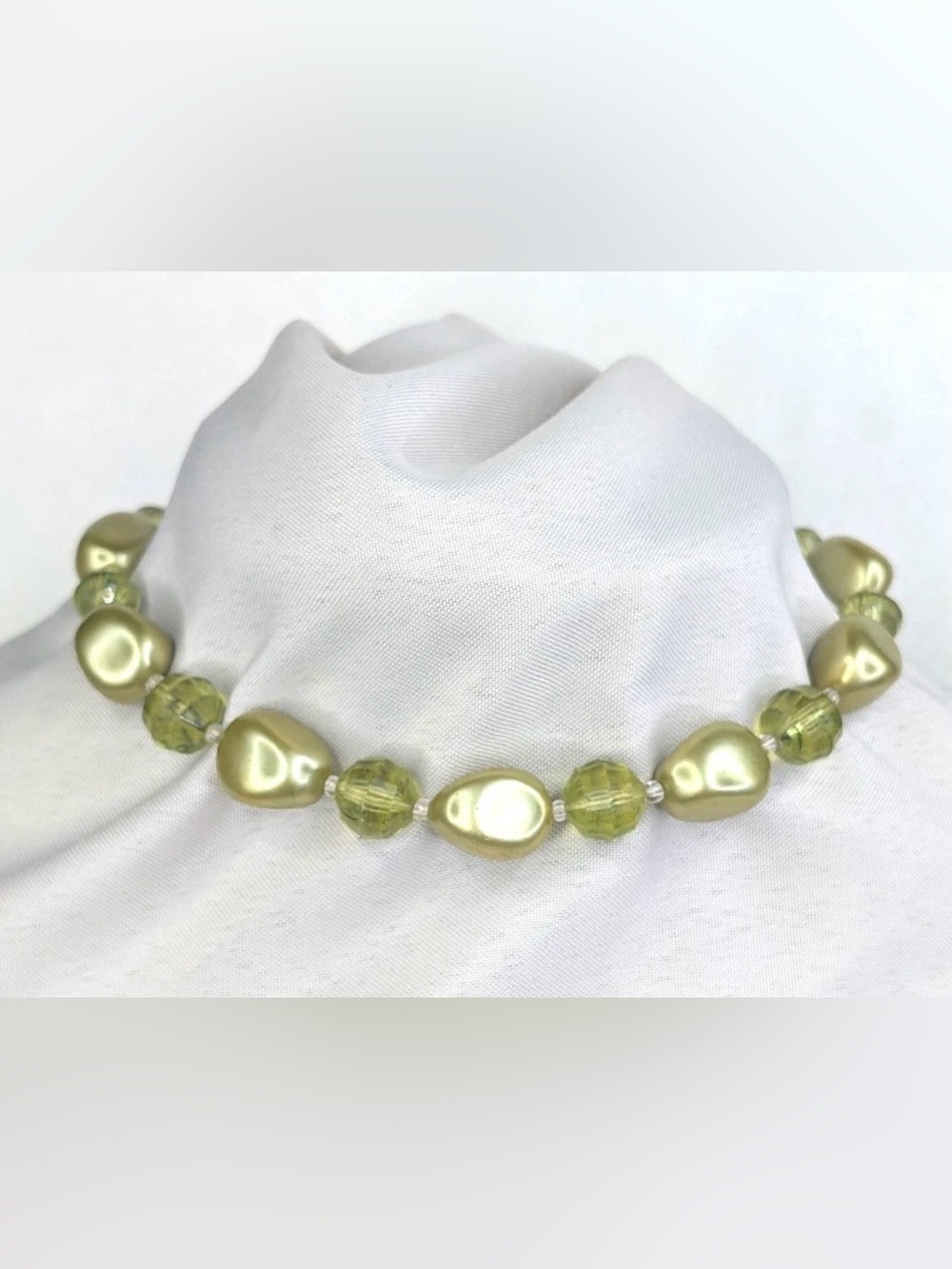 Vintage Necklace W. Germany stamped Apple Green “Baroque Pearls”, Faceted beads